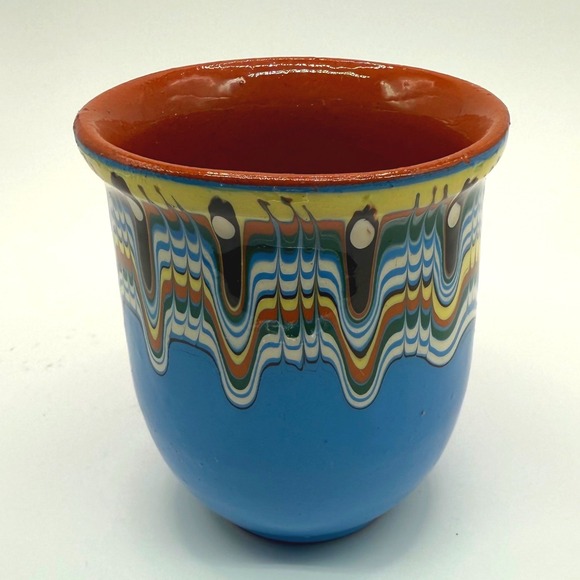 Vintage Bulgarian Troyan Pottery Cup Handcrafted Marbled Folk Art Ceramic Blue - Picture 4 of 12